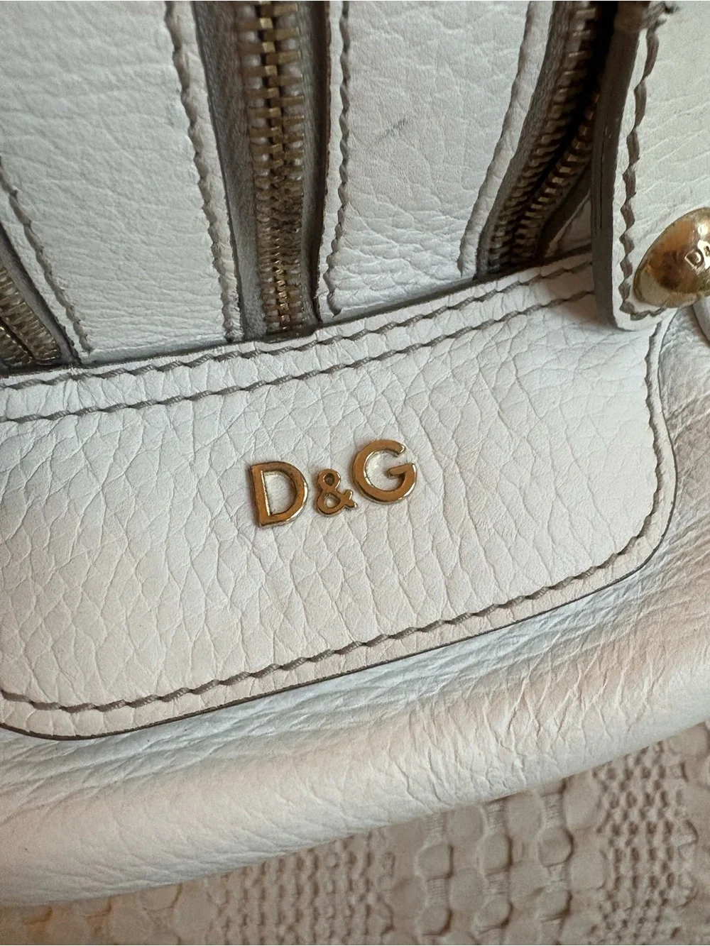 Dolce & Gabbana Beige Canvas Satchel with White Leather Trim and Gold Hardware
